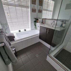 Shower, hair dryer, towels, soap