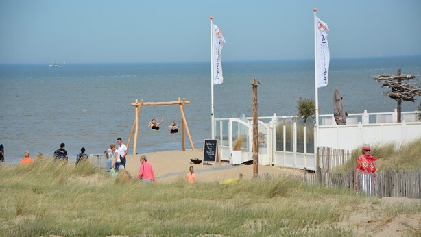 Een strand met een schommel, een houten hek en vlaggen.