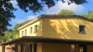 Un edificio amarillo con un porche cubierto, columnas de ladrillo y plantas en macetas.