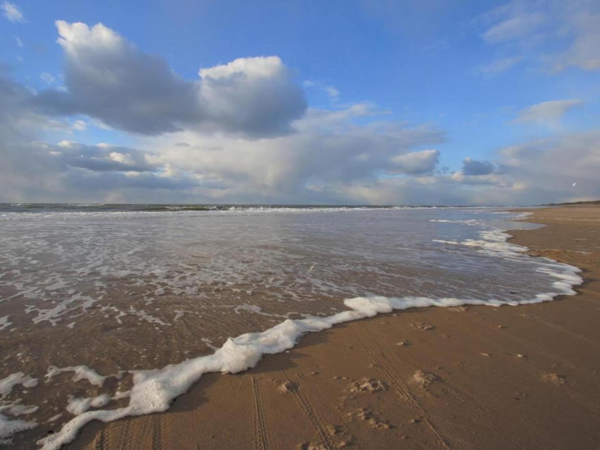 A beach with waves lapping onto the shore, a clear sky, and a distant horizon.