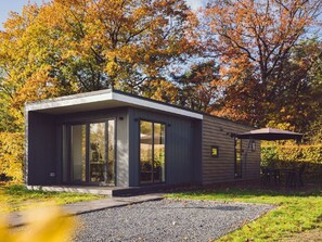 Une maison moderne de plain-pied, dotée de grandes fenêtres en verre, d’un toit plat et d’une allée gravillonnée.