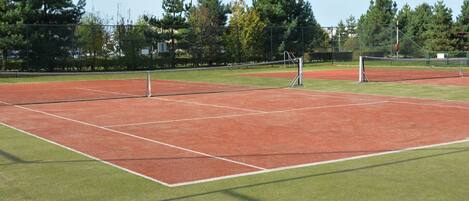 Tenniskenttä, jossa on verkko, ja jonka ympärillä on puita ja aita.