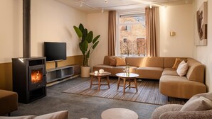 A modern living room with a fireplace, a sofa, a TV, and a large plant.