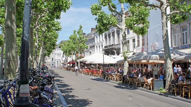 Una calle arbolada con bicicletas aparcadas y terrazas en cafés y restaurantes.