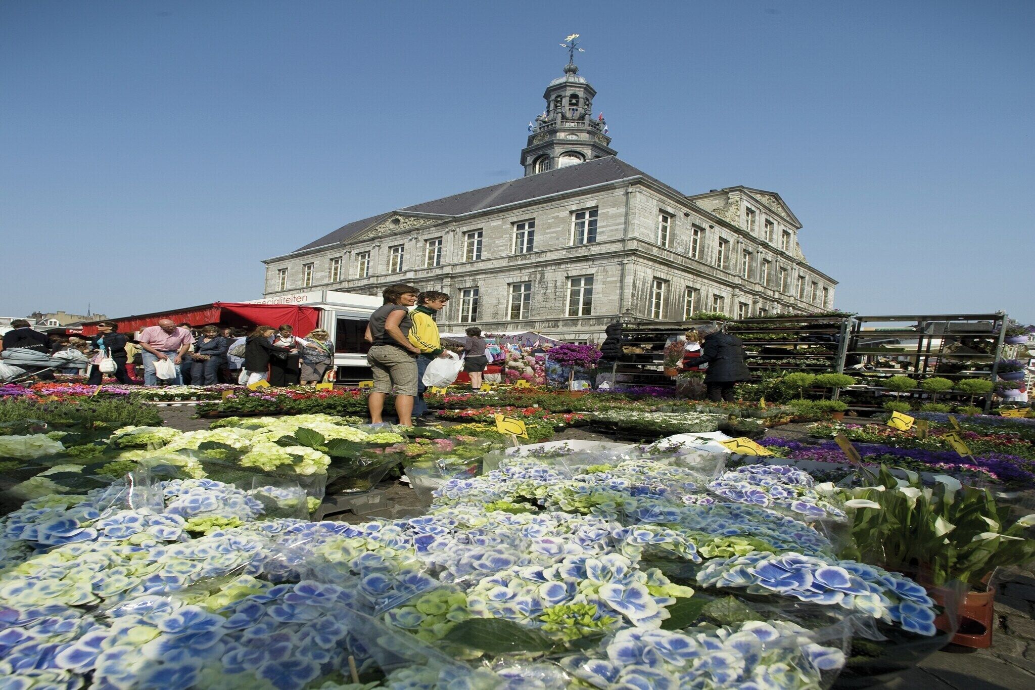 Un mercado de flores con un edificio grande al fondo.