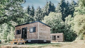 A cabin with a wooden exterior, a door, and a window. There is a picnic table in front. - Woodland Lodge Retreat in the Ardennes (Olloy-sur-Viroin)