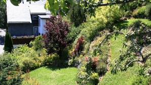 Un jardin aménagé avec différentes plantes et arbustes, une pelouse et un bâtiment en arrière-plan.