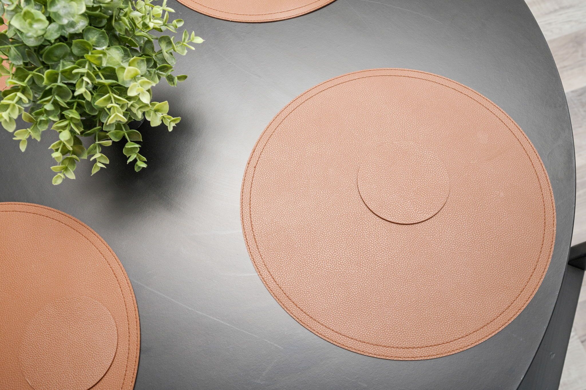 A round table with three circular mats and a green plant on top.