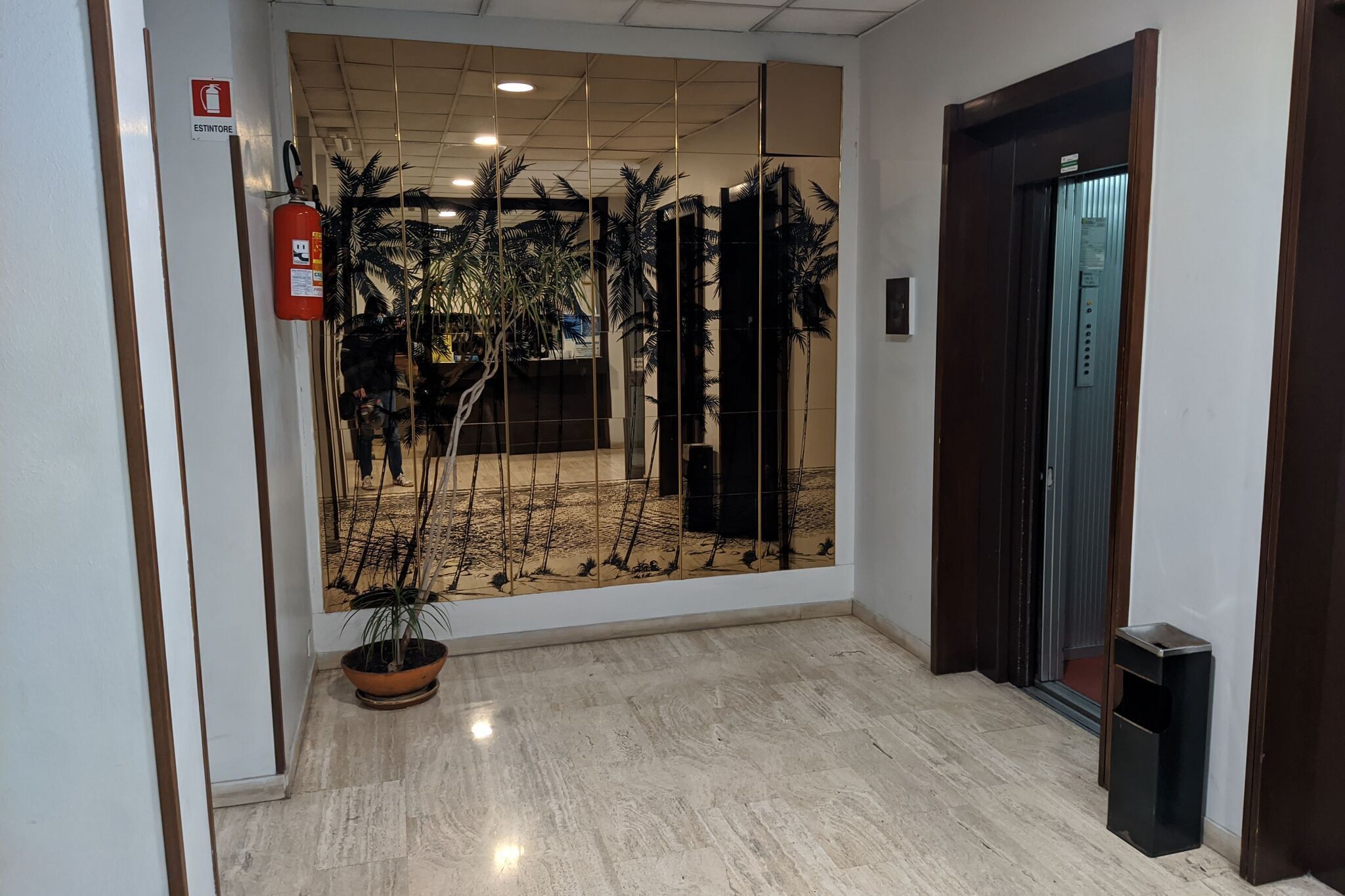Corredor com extintor, planta em vaso e elevador.