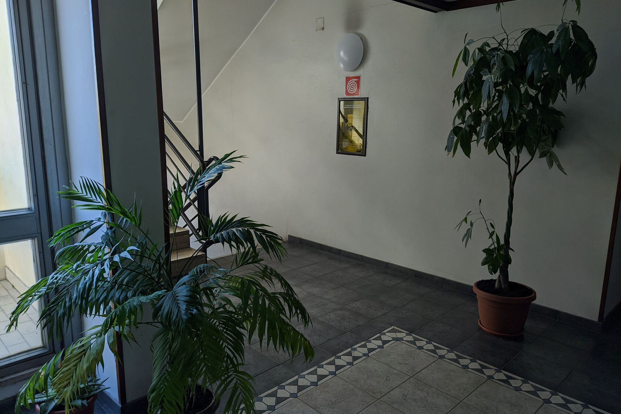 Een hal met betegelde vloer, potplanten, een trap en een ingelijst schilderij aan de muur.