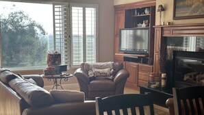 Una sala de estar con un sofá de cuero, un televisor y una chimenea.