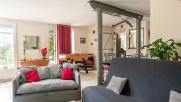 Télévision, cheminée, table de tennis de table