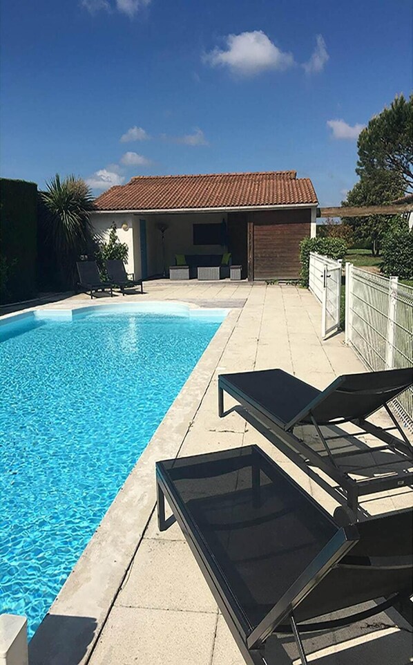 A heated pool, pool loungers