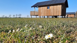 Eine Holzhütte mit Balkon, auf Stelzen in einem grasbewachsen Feld gelegen.