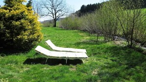 A grassy area with a single lounge chair.