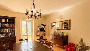 Un coin repas avec une grande table en bois, des chaises, un lustre, une bibliothèque, une cheminée et un miroir au mur.