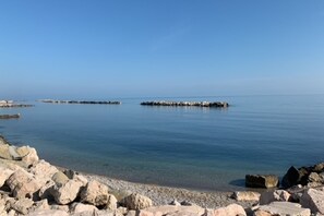 A rocky shoreline with calm water and a clear sky.