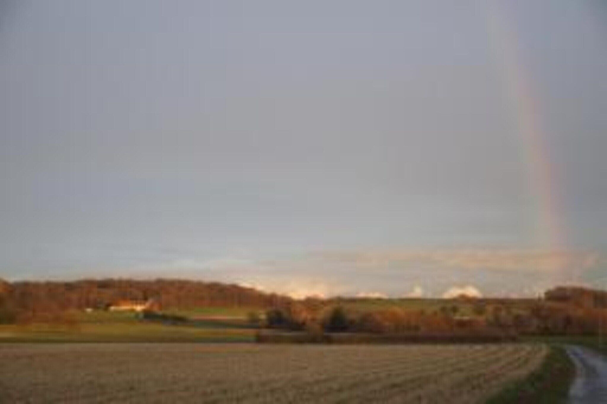 Un paysage rural avec une route qui serpente à travers les champs, un arc-en-ciel à l’horizon et un bâtiment qui se dessine à l’éloignement.