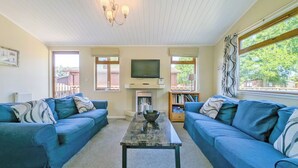 A living room with two blue sofas, a coffee table, a fireplace, and a television.