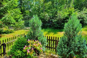Un jardin avec une clôture en bois, différents arbustes et arbres.