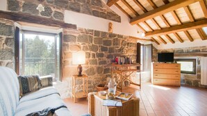 A cozy living room with stone walls, a wooden ceiling, a sofa, a coffee table, a lamp, a television, and a fireplace. - Large Group Retreat with Pool (Amandola)