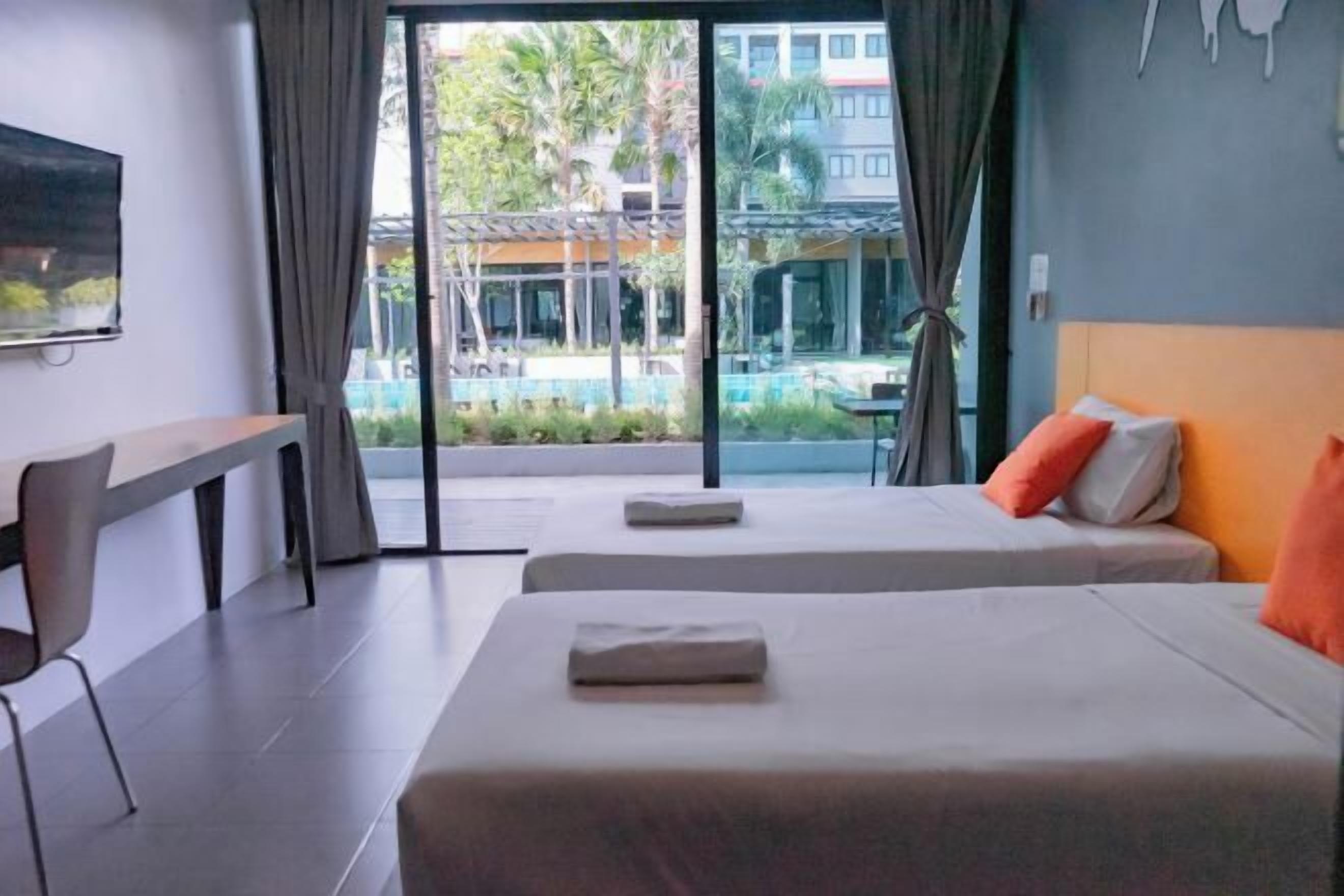 Individually decorated, desk, laptop workspace, blackout curtains