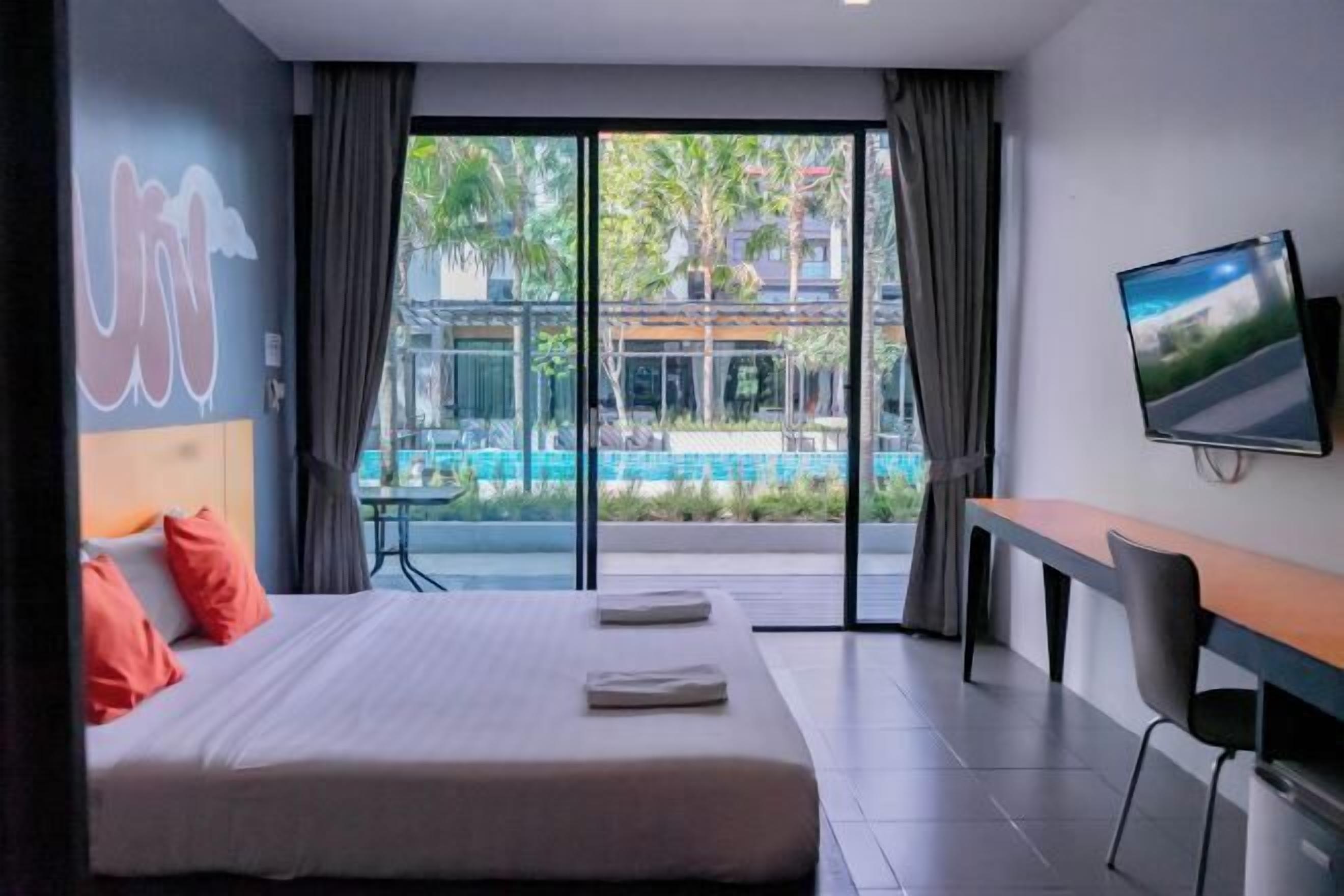 Individually decorated, desk, laptop workspace, blackout curtains