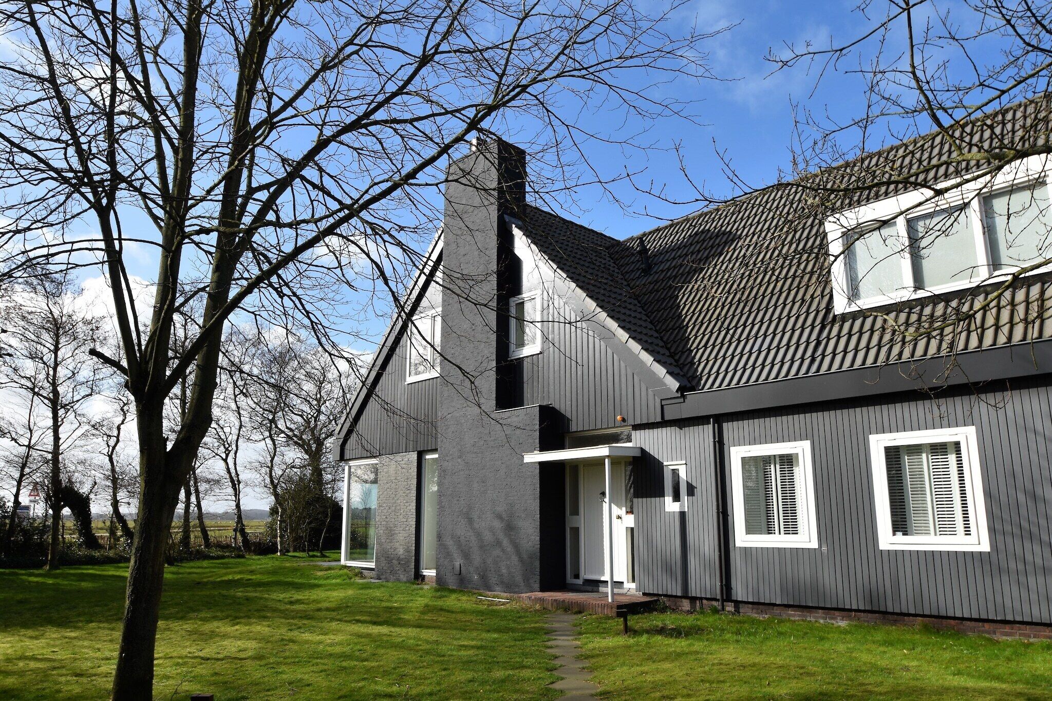A modern two-story house with a dark exterior, a visible chimney, and a front door with a small porch.