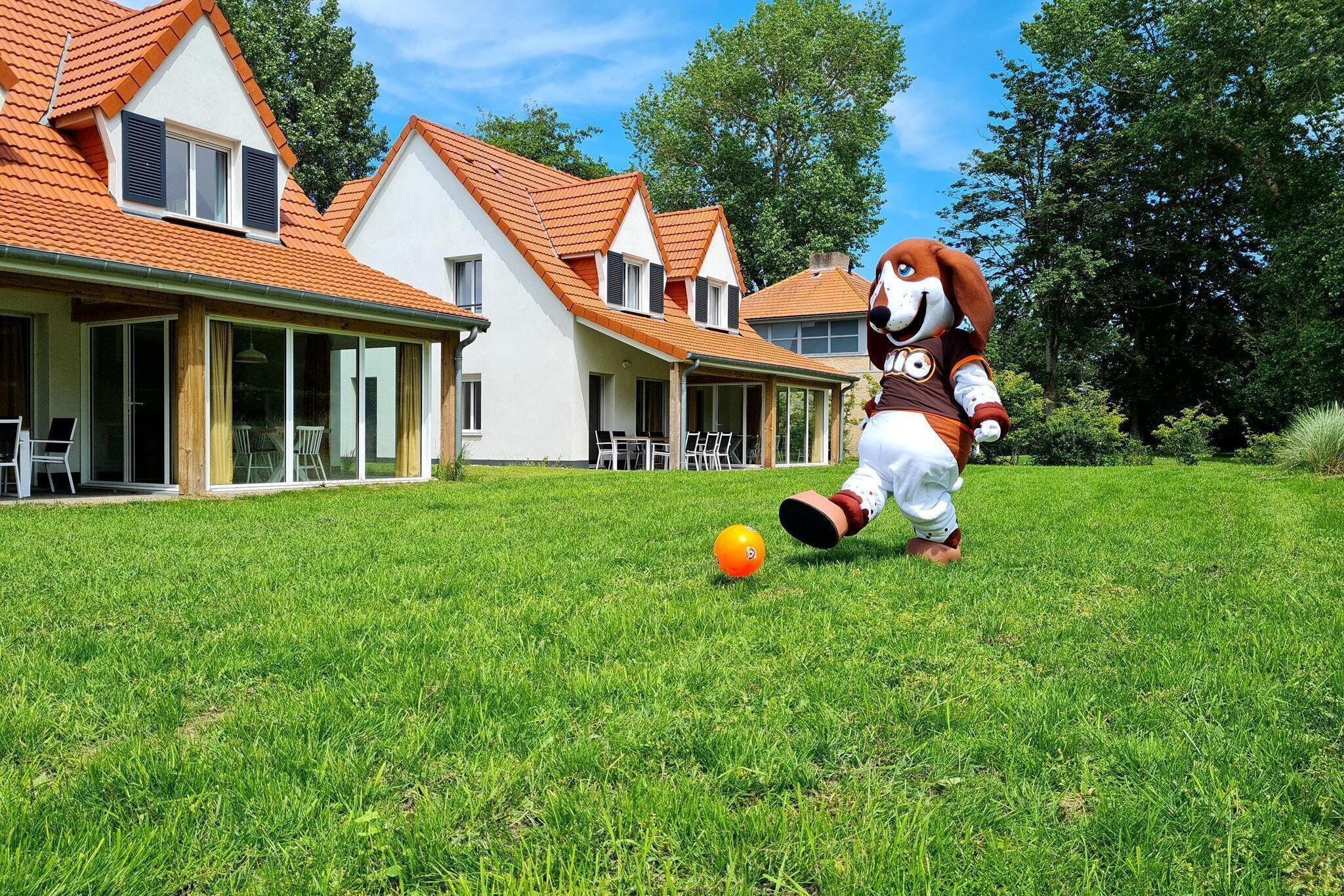 Une mascotte joue avec un ballon dans un espace verdoyant, devant une rangée de maisons aux toits rouges et aux murs blancs.