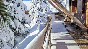 A wooden cabin with a snow-covered exterior, a wooden staircase leading to a door, and snow-laden trees in the background. - Sernisa Rez by Interhome (Verbier)