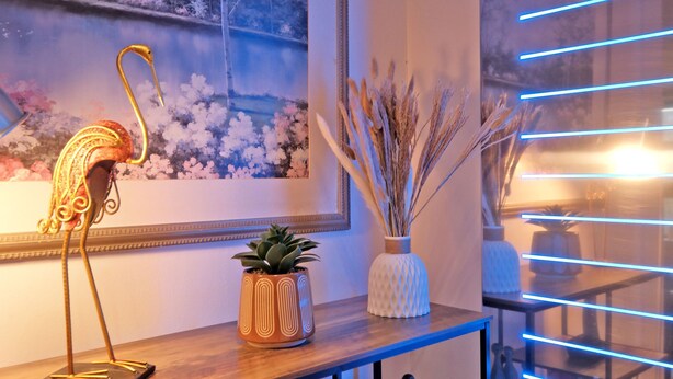 A wooden table with a decorative metal swan, a potted plant, and a vase with reeds. - Riverview-2br-sleeps4-citycentre-parking-fastwifi (Aberdeen)