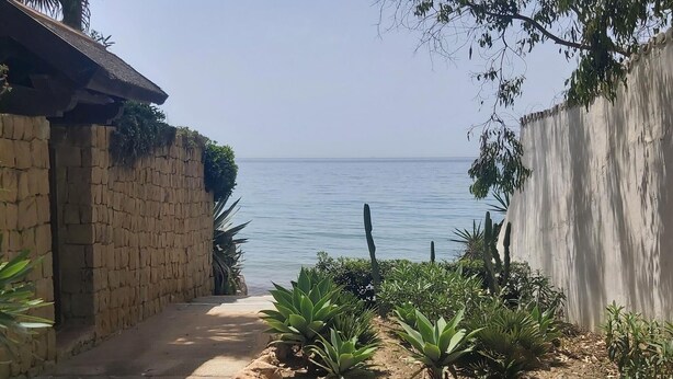 A stone pathway leading to a view of the sea, surrounded by various plants and a concrete wall. - Beachfront Estepona Apartment with Pool, Terrace & Free Parking (Estepona)