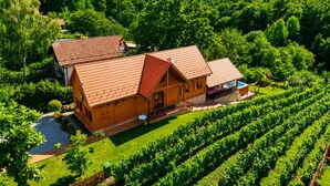 A large wooden house with a red roof, surrounded by a vineyard, and a small swimming pool. - Rustic Cottage With Heated Pool (Velika Gorica)