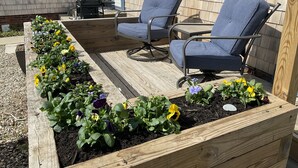 Terraza de madera con dos sillas azules y una parrilla.