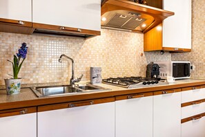 Fridge, microwave, stovetop, coffee/tea maker