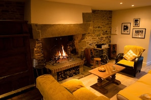 TV, fireplace - Charming gîte with Spa, on the bay of Mont Saint Michel (Sougeal)