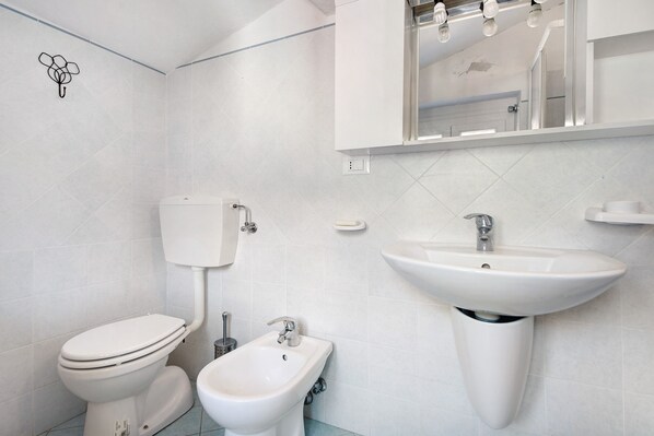 Une salle de bain équipée de toilettes, d’un bidet, d’un lavabo et d’un miroir.