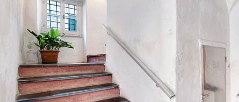 A staircase with a potted plant, a window, and a door with a sign.