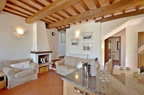 A cozy living room with a fireplace, a sofa, a dining table with glasses, and a kitchen area.