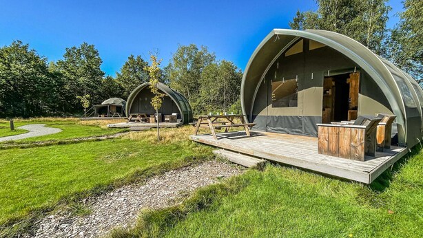Un camping con tiendas de forma abovedada, mesas de picnic y una zona con césped.