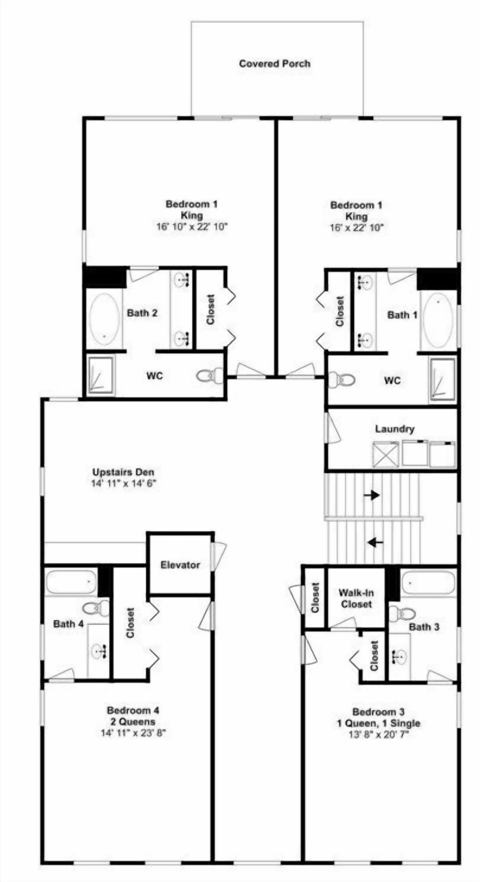 A floor plan of a house with two bedrooms, two bathrooms, a covered porch, an upstairs den, and an elevator.