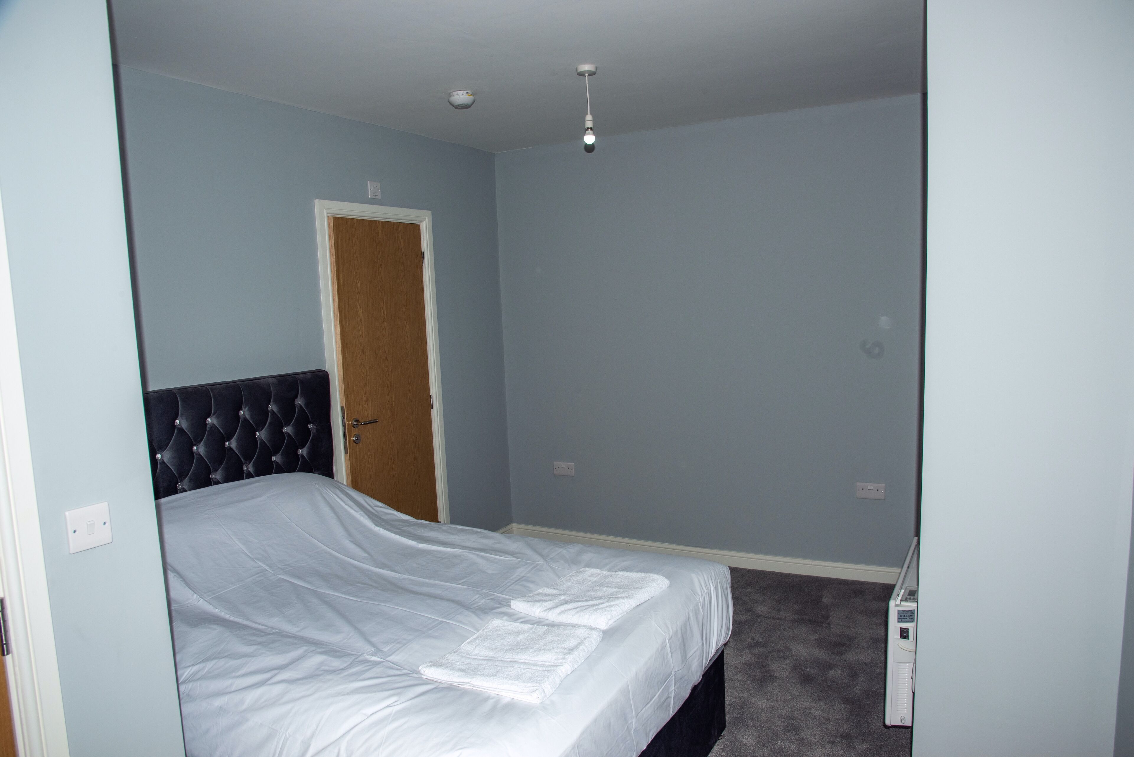 A bedroom with a bed, a door, and a ceiling light.