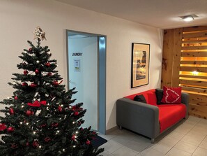 A Christmas tree with red ornaments, a grey sofa with red cushions, a framed picture on the wall, and a door labeled 'laundry'.