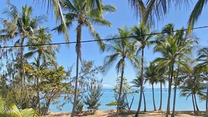 Una playa con palmeras y cielo despejado.
