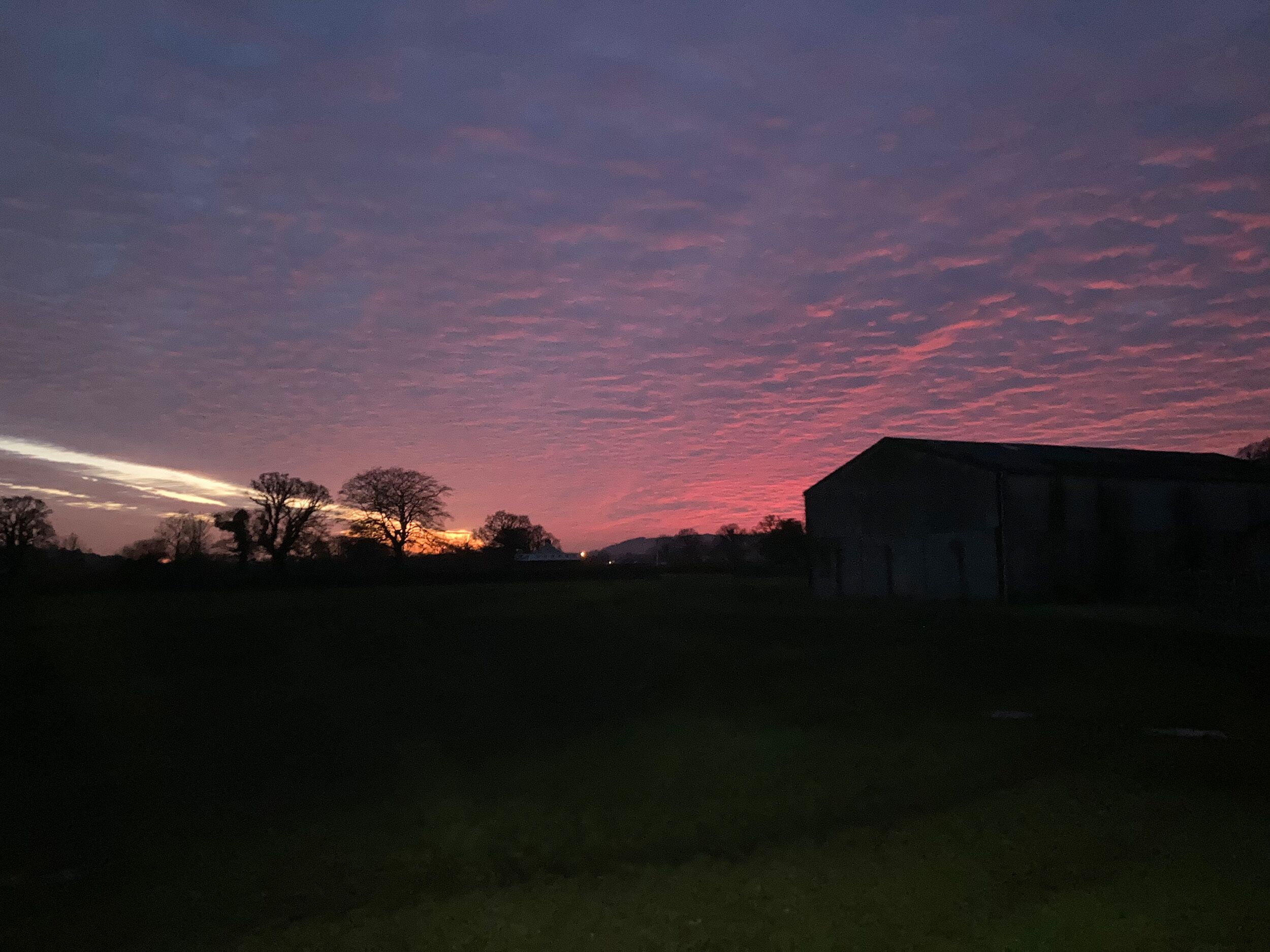 Un paysage rural avec une grange et des arbres se détachant sur le ciel au coucher du soleil.