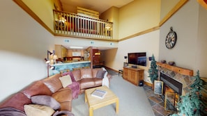 TV, fireplace, books
