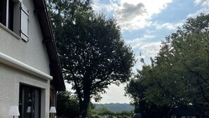 A wooden deck with outdoor furniture, a table, and chairs. - Renovated country property with fireplace, near forest (Le Mont-Saint-Adrien)