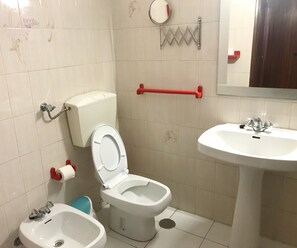 Hair dryer, towels, soap, toilet paper