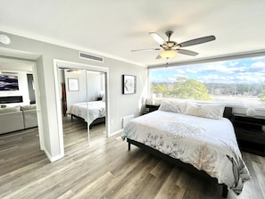 A bedroom with a large bed, a ceiling fan, a window with a view of trees, and a mirror.