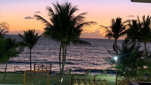 Vista a la playa con palmeras, una pérgola de madera y una zona pequeña con piscina.